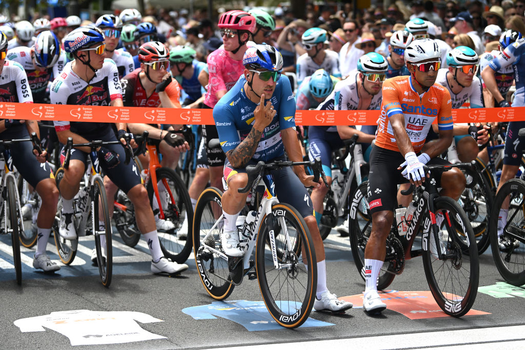 ADELAIDE, AUSTRALIA - JANUARY 26: (L-R) Sam Welsford of Australia and Team Red Bull - BORA - hansgrohe - Blue Sprint Jersey and Jhonatan Narvaez of Ecuador and UAE Team Emirates Xrg - Orange Leader Jersey prior to the 25th Santos Tour Down Under 2025, Stage 6 a 90km stage from Adelaide to Adelaide / #UCIWT / on January 26, 2025 in Adelaide, Australia. (Photo by Dario Belingheri/Getty Images)