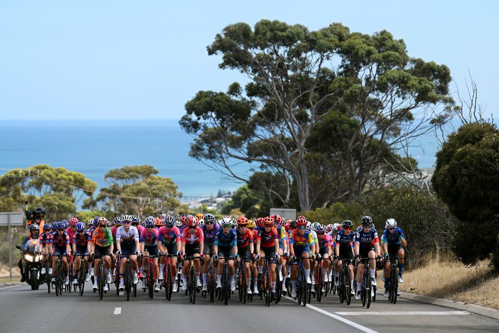 ALDINGA AUSTRALIA JANUARY 17 A general view of the peloton passing through a landscape during the 9th Santos Womens Tour Down Under 2025 Stage 1 a 101 9km stage from Brighton to Snapper PointAldinga UCIWWT on January 17 2025 in Aldinga Australia Photo by Dario BelingheriGetty Images