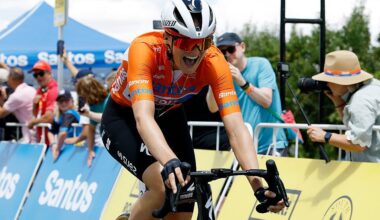 PARACOMBE, AUSTRALIA - JANUARY 18: Ally Wollaston of New Zealand and Team FDJ United - SUEZ - Orange Santos Leader's Jersey celebrates at finish line as stage winner during the 10th Santos Women's Tour Down Under 2026, Stage 2 a 130.7km stage from Magill to Paracombe 410m / #UCIWWT / on January 18, 2026 in Paracombe, Australia. (Photo by Con Chronis/Getty Images)