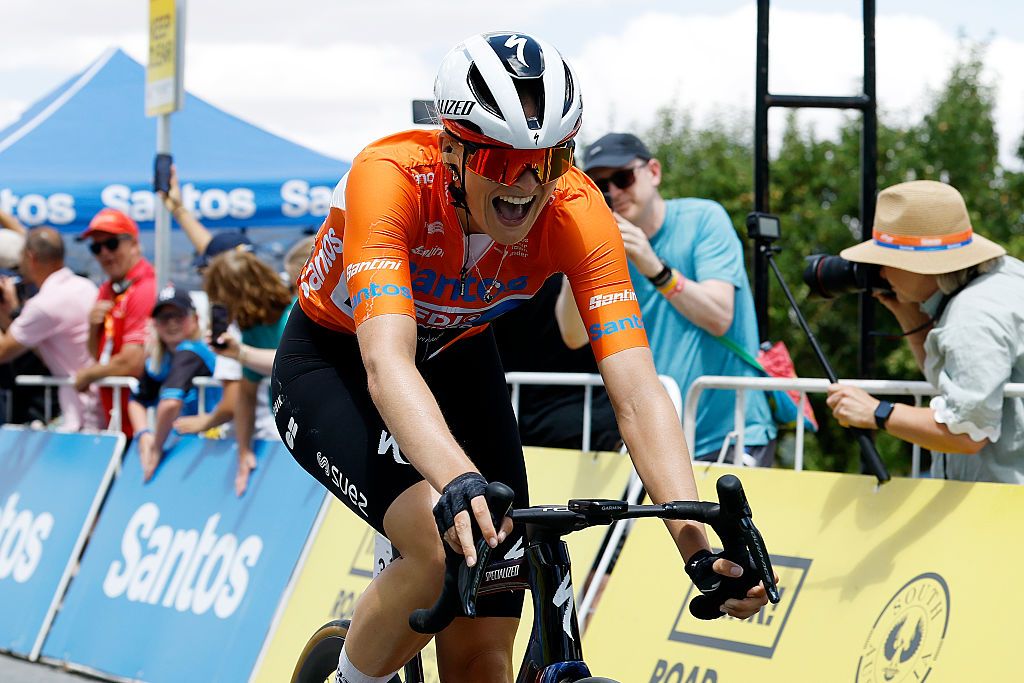 PARACOMBE, AUSTRALIA - JANUARY 18: Ally Wollaston of New Zealand and Team FDJ United - SUEZ - Orange Santos Leader's Jersey celebrates at finish line as stage winner during the 10th Santos Women's Tour Down Under 2026, Stage 2 a 130.7km stage from Magill to Paracombe 410m / #UCIWWT / on January 18, 2026 in Paracombe, Australia. (Photo by Con Chronis/Getty Images)