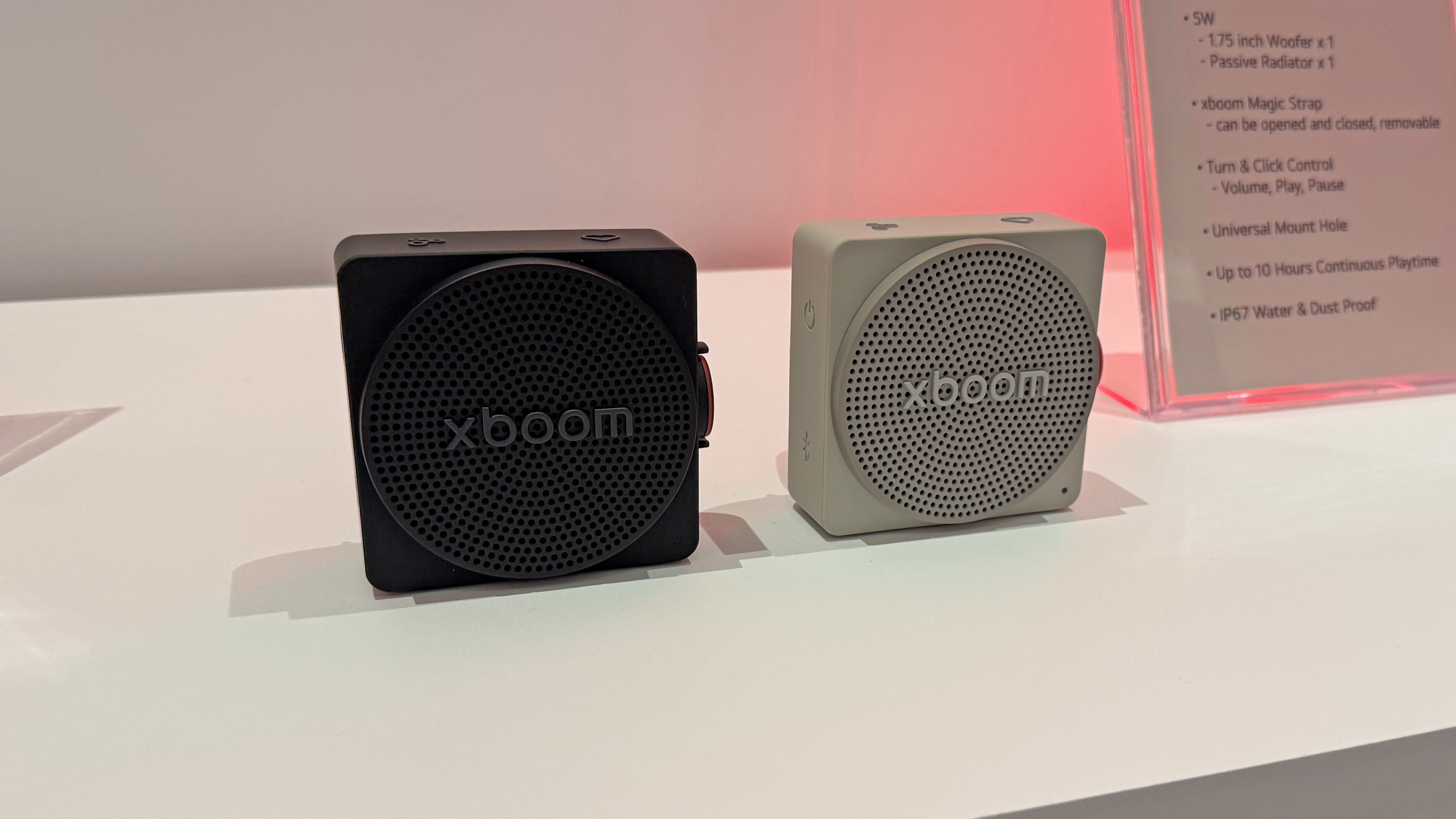 The xboom Mini at CES 2026, white gray and black