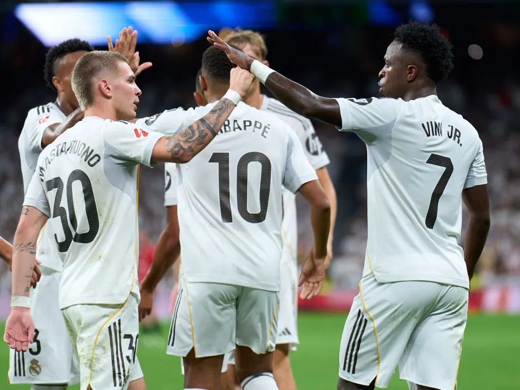 Franco Mastantuono, Kylian Mbappe, and Vinicius of Real Madrid