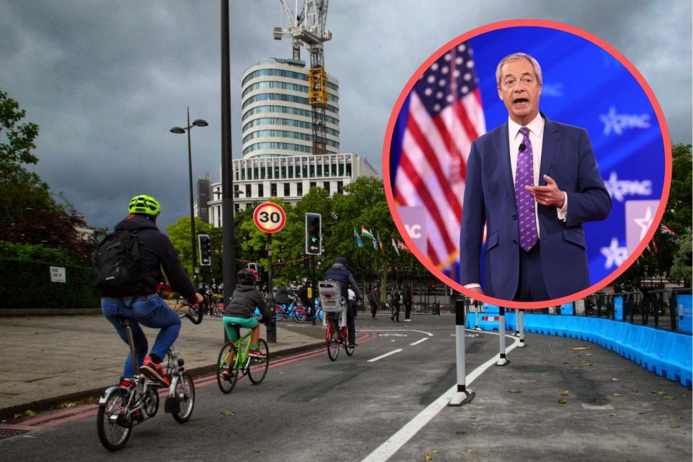 Marble Arch cycle lane (inset: Nigel Farage)