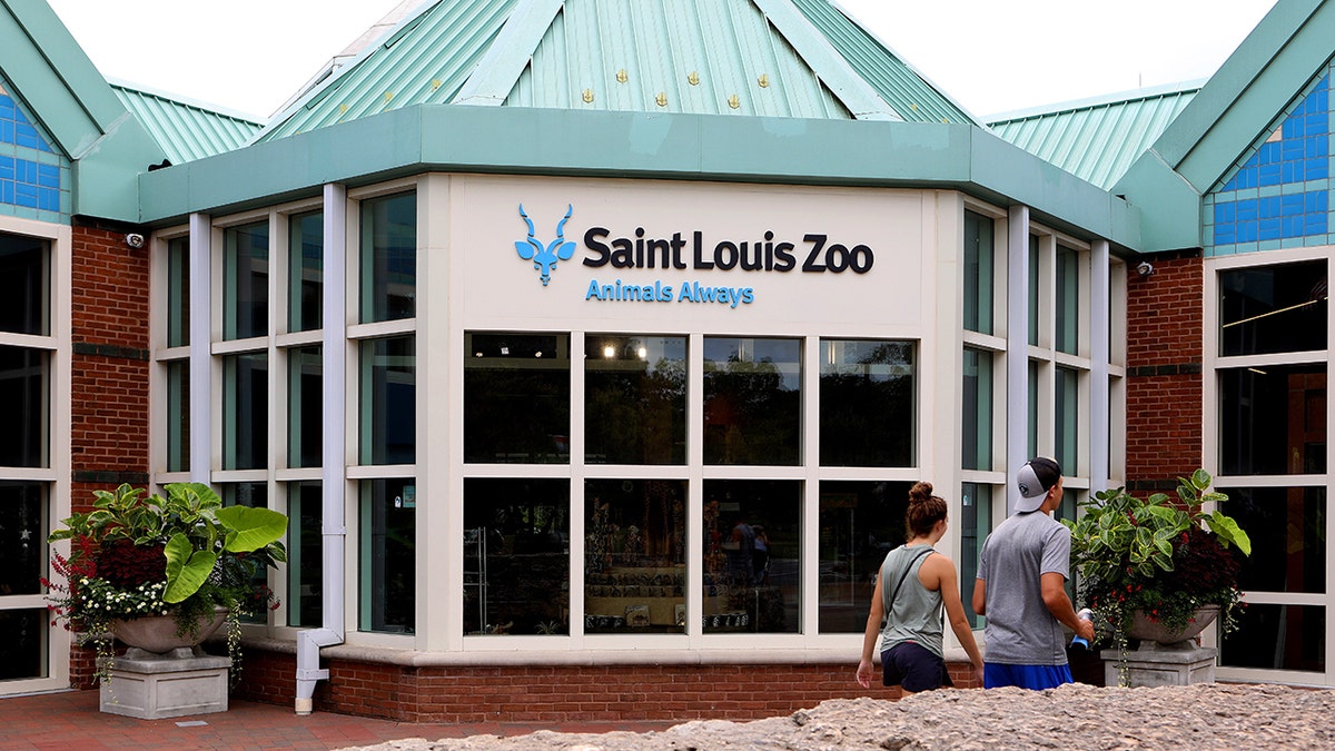 Entrance of the Saint Louis Zoo with signage visible and visitors walking inside.