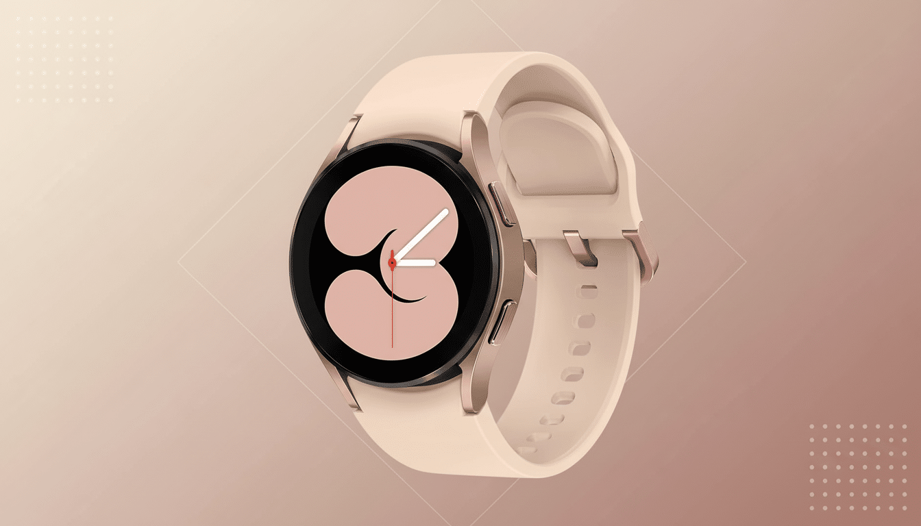 A Samsung Galaxy Watch 4 with a rose gold case and a light pink band, displayed on a professional flat design background with soft patterns and gradients.