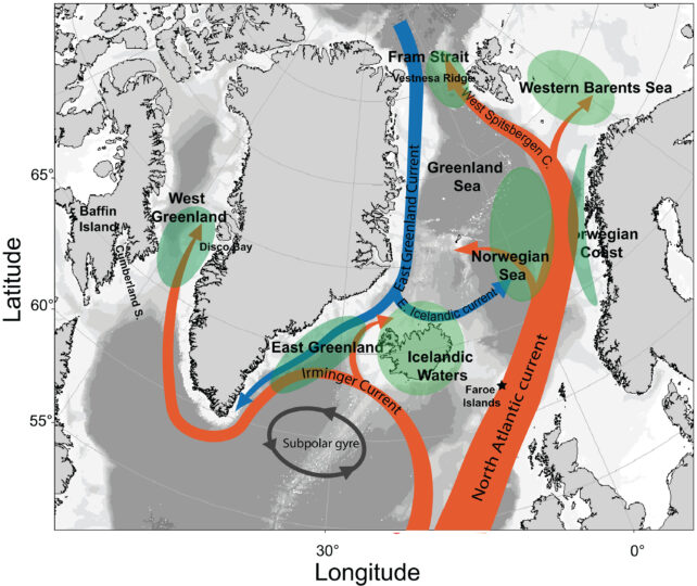 a map showing the major currents in the northern atlantic