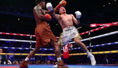 Shakur Stevenson lands a right hand on William Zepeda during their fight at Louis Armstrong Stadium in Queens, New York, on July 12, 2025.