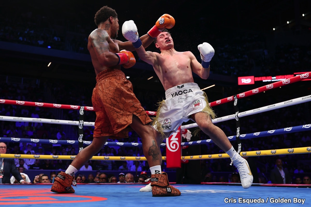 Shakur Stevenson lands a right hand on William Zepeda during their fight at Louis Armstrong Stadium in Queens, New York, on July 12, 2025.
