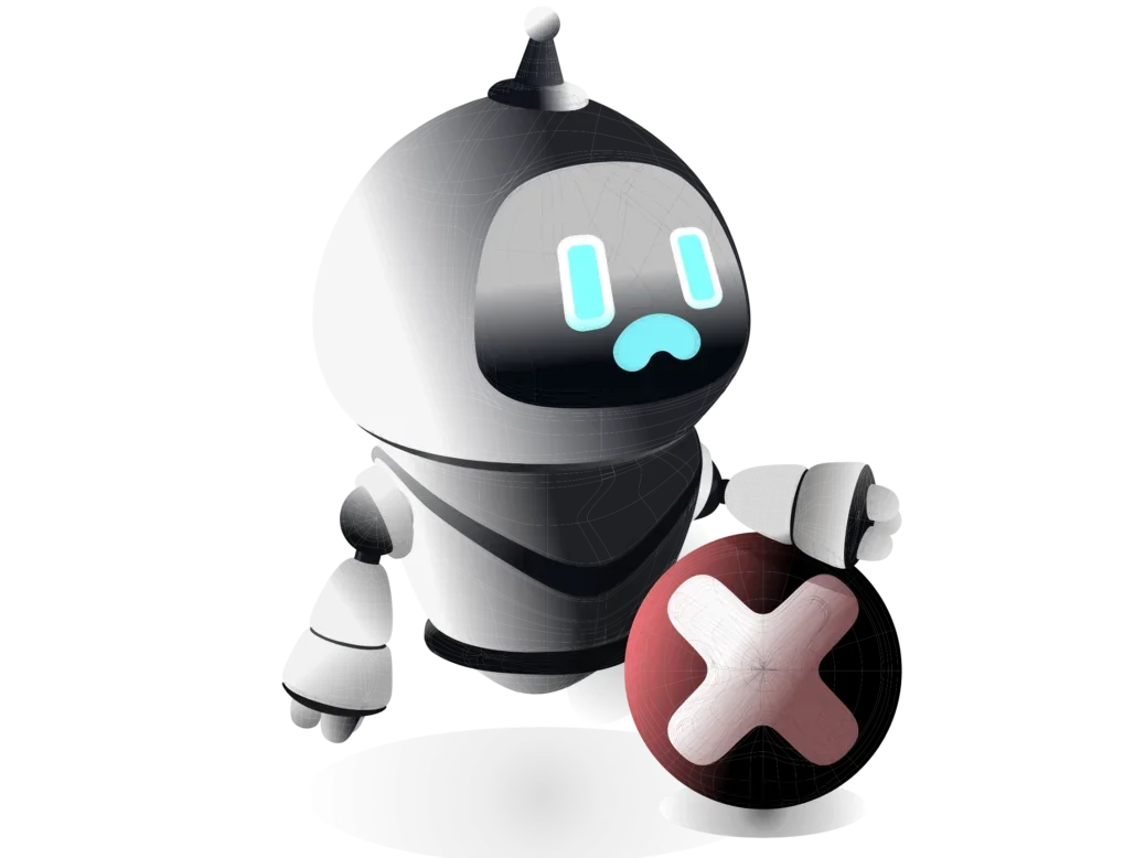 Robot with big red cross in front of it and a sad look on its face, to represent AI bots being blocked by publishers