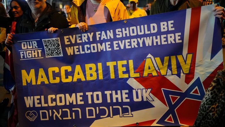 A close up of a banner being held by pro-Israel supporters outside Villa Park before the game. Pic: PA