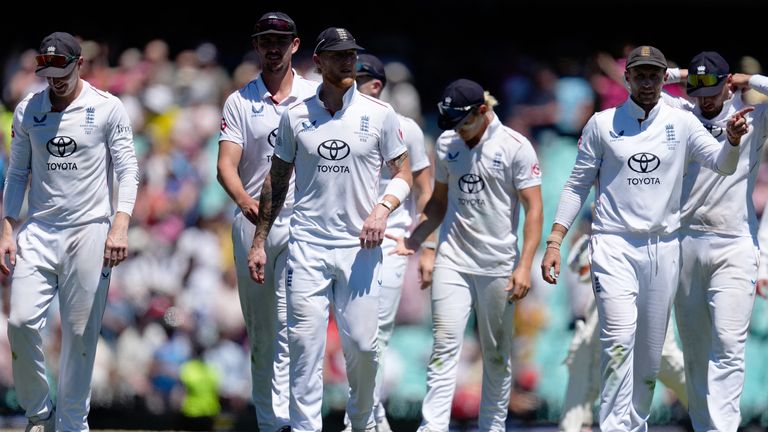 England's Ben Stokes with teammates as they look dejected after losing the final Ashes Test. Pic: Reuters