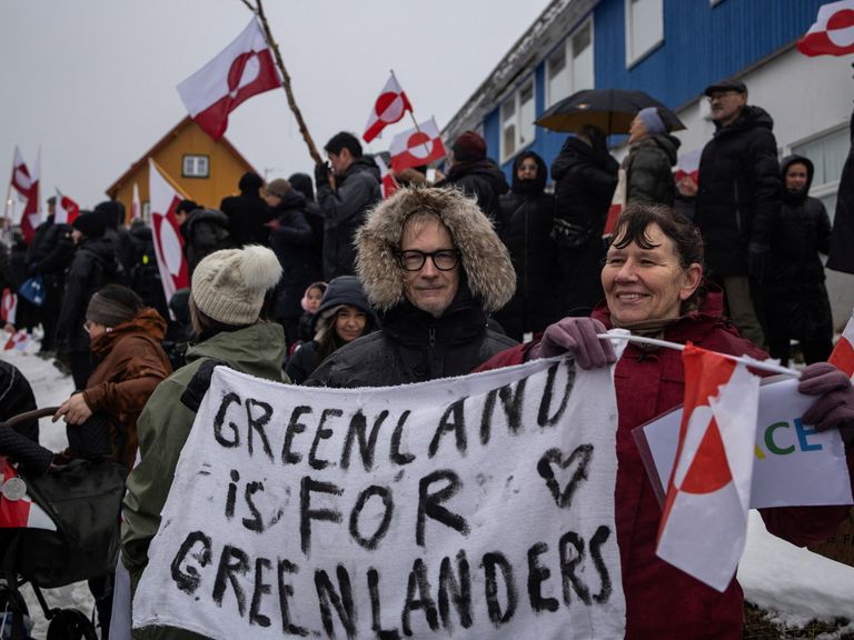 Greenlanders protest outside the US consulate in Nuuk against Donald Trump's plan to seize their island. Pic: Reuters