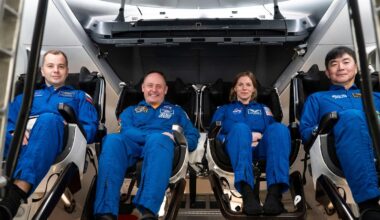 (L-R) Roscosmos cosmonaut Oleg Platonov, NASA astronauts Mike Fincke and Zena Cardman, and JAXA astronaut Kimiya Yui. Pic: SpaceX