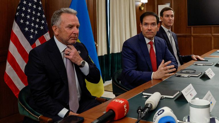 Left to right, Steve Witkoff, Marco Rubio and Jared Kushner, seen in Florida last year where they met a Ukrainian delegation. Pic: Reuters