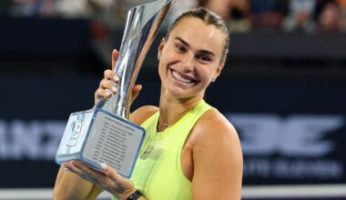 Aryna Sabalenka poses with the trophy after winning the 2026 Brisbane International