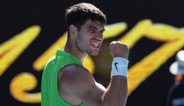Carlos Alcaraz of Spain celebrates after defeating Yannick Hanfmann of Germany in their second round match at the Australian Open tennis cha