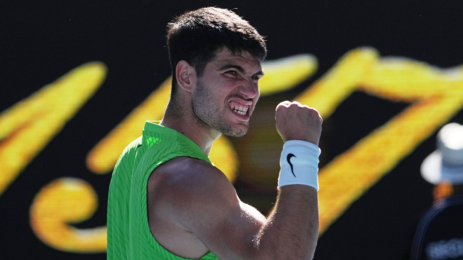 Carlos Alcaraz of Spain celebrates after defeating Yannick Hanfmann of Germany in their second round match at the Australian Open tennis cha