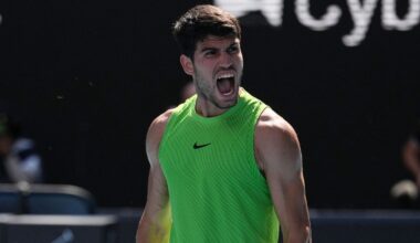 Carlos Alcaraz of Spain reacts after winning his fourth round match against Tommy Paul of the U.S. at the Australian Open tennis championship in Melbourne, Australia, Sunday, Jan. 25, 2026. (AP Photo/Dita Alangkara)