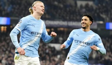 Erling Haaland celebrates with team-mate Omar Marmoush after giving Man City a first-half lead against Galatasaray