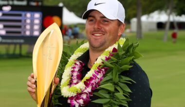 Chris Gotterup celebrates winning in Hawaii