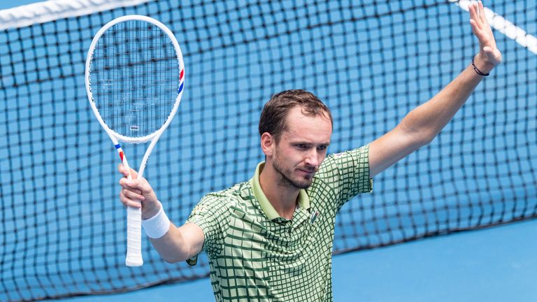 DANIIL MEDVEDEV of the Russian Federation celebrates after defeating JESPER DE JONG of the Netherlands on Margaret Court Arena in a Men's Si