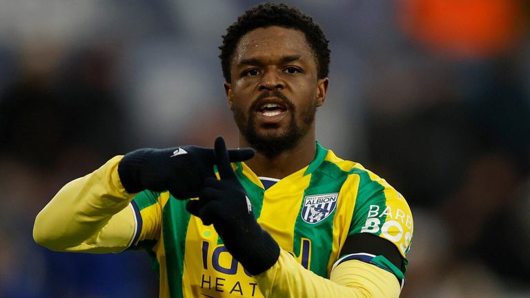 Josh Maja celebrates after equslising for West Brom at Swansea