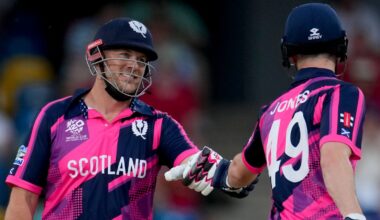 Scotland's George Munsey and Michael Jones batting against England at T20 World Cup (Associated Press)