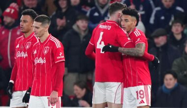 Igor Jesus celebrates with Nottingham Forest team-mates