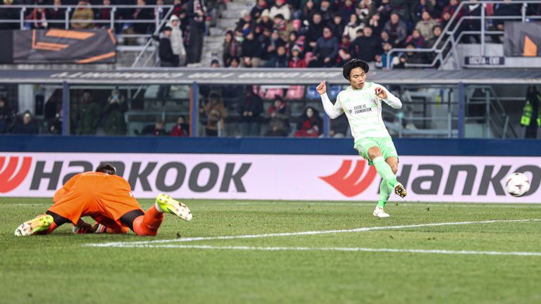 BOLOGNA, ITALY - JANUARY 22: Celtic's Reo Hatate scores to make it 1-0 during a UEFA Europa League 2025/26 League Phase MD7 match between Bologna and Celtic at Stadio Renato Dall'Ara, on January 22, 2026, in Bologna, Italy. (Photo by Craig Williamson / SNS Group)