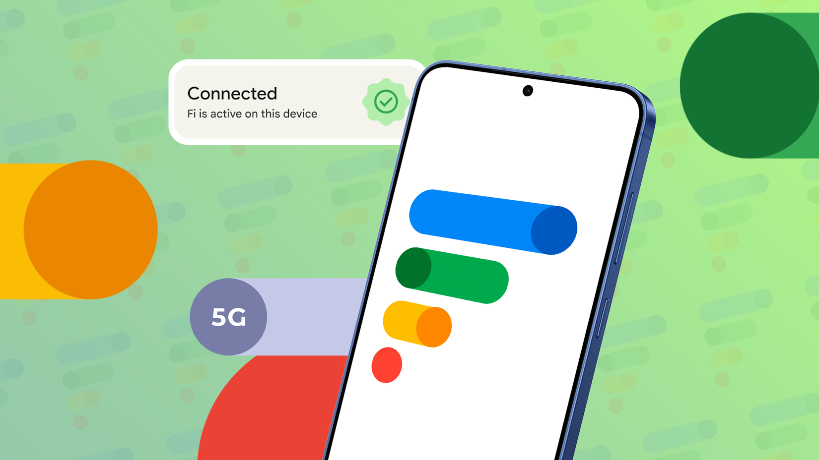 Smartphone displaying the Google Fi logo and a 'Connected' notification, surrounded by abstract shapes and a 5G badge on a green background.