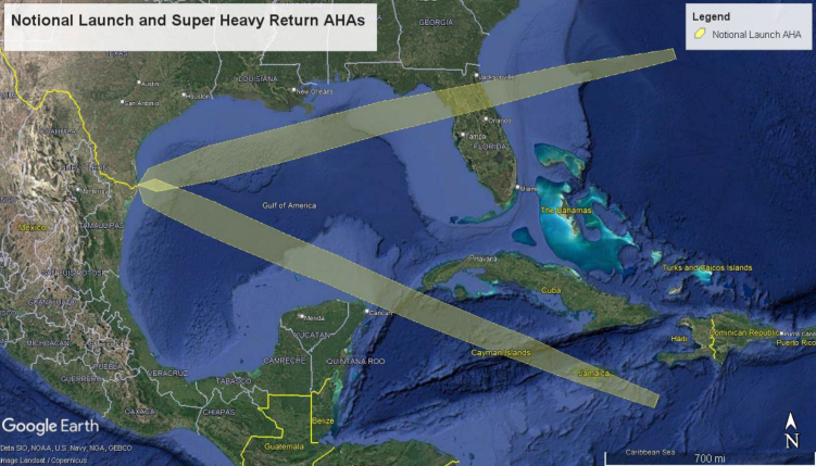 A map of the southern United States and Mexico showing two potential no-fly zones for airplanes during future Starship launches. One zone stretches from south Texas through the Gulf of Mexico and moves northeast over a portion of Florida. The other stretches from south Texas and moves southeast through the Gulf and past Mexico’s Yucatan Peninsula. 