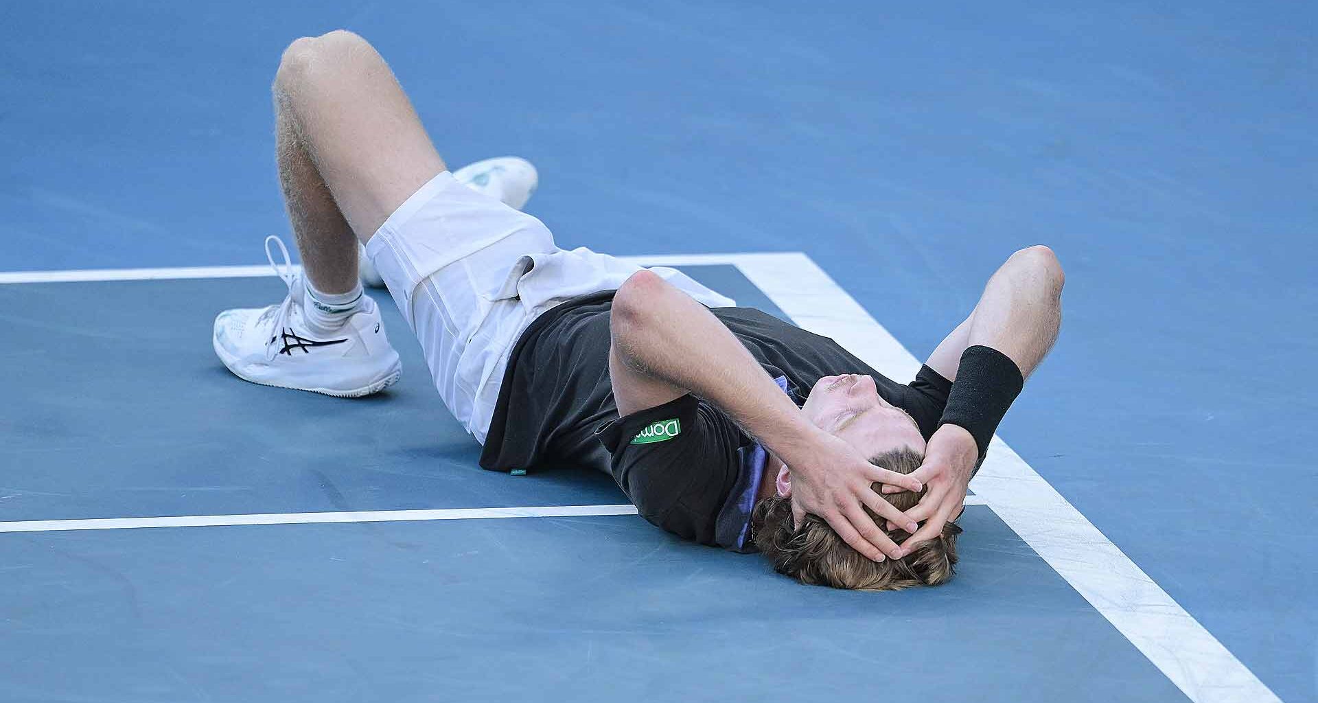 Dane Sweeny celebrates his win against Gael Monfils on Tuesday at the Australian Open.