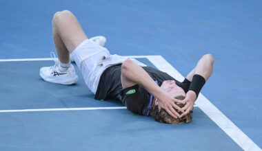 Dane Sweeny celebrates his win against Gael Monfils on Tuesday at the Australian Open.
