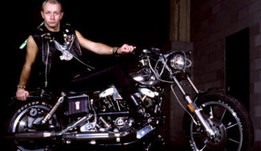 Rob Halford of Judas Priest on a motorbike in 1982