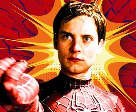 Tobey Maguire as Spider-Man with comic book effects in the background