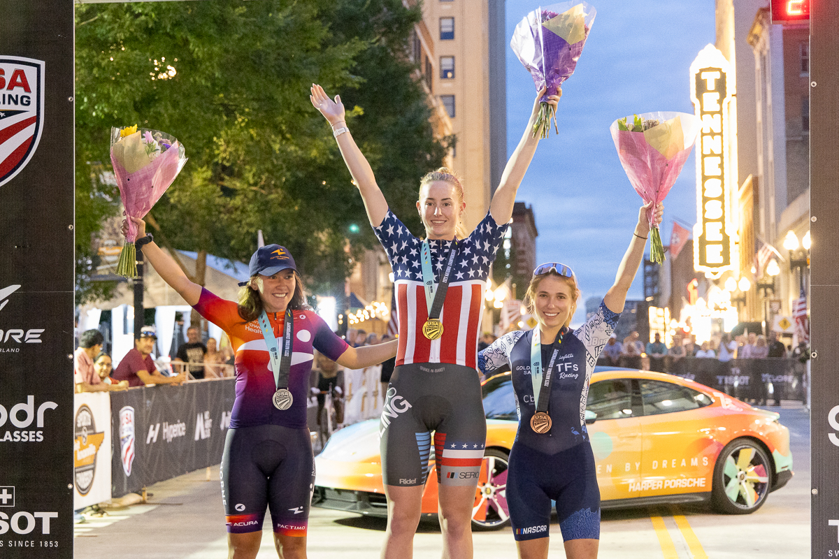 U23 Women's podium at 2023 USPro Criterium Nationals, winner (centre) Chloe Patrick (Serious Cycling)