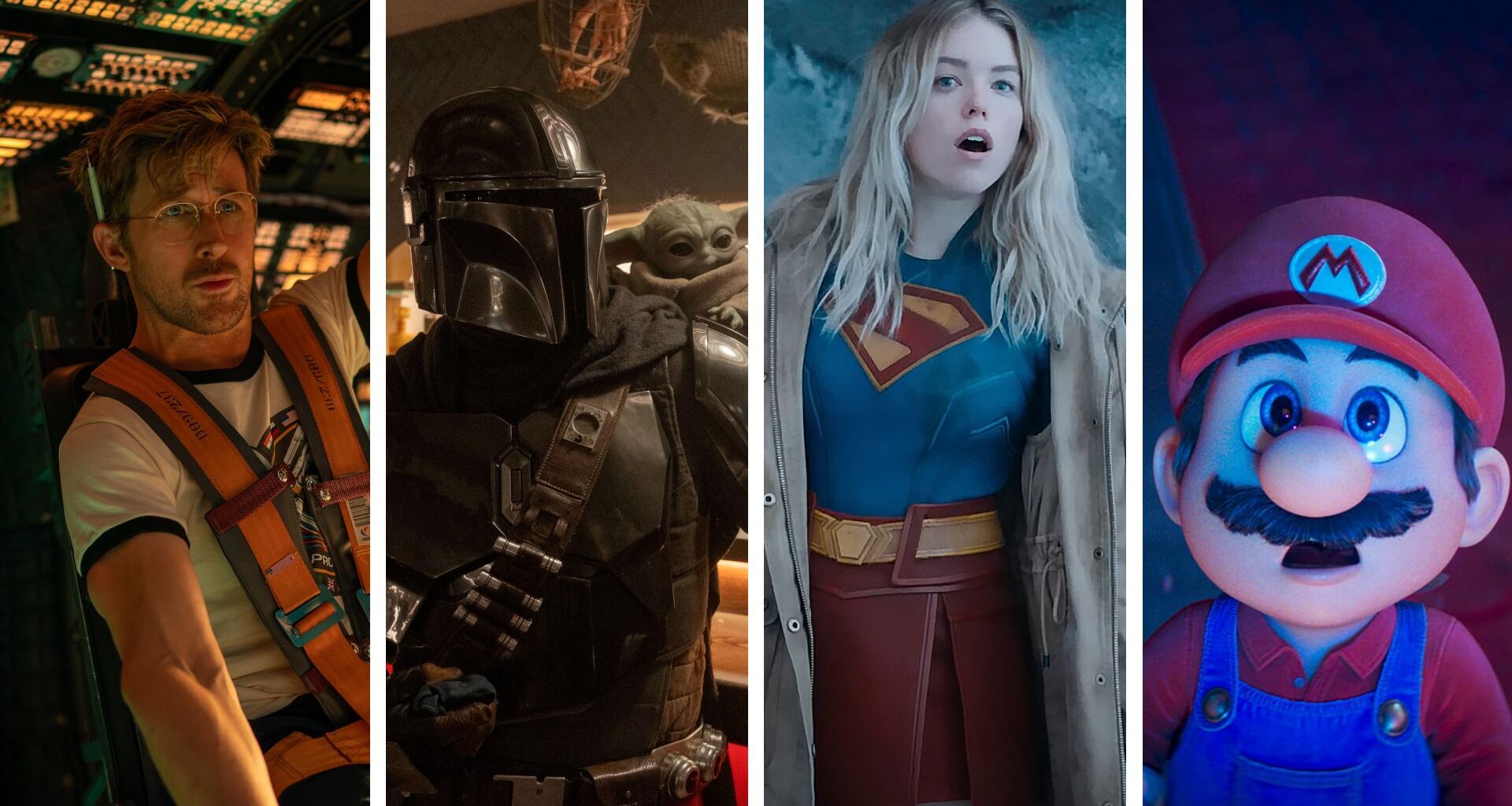 Split image showing four upcoming sci-fi movies in 2026 (L-R): Project Hail Mary, The Mandalorian &amp; Grogu, Supergirl, and The Super Mario Galaxy Movie.