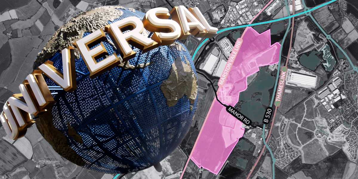 Map of Bedford, UK, with Universal globe overlay as the Universal Great Britain begins to take shape, with a 100-year-plan.