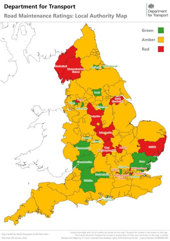 Department for Transport traffic light ratings for potholes