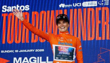 PARACOMBE, AUSTRALIA - JANUARY 18: Ally Wollaston of New Zealand and Team FDJ United - SUEZ celebrates at podium as Orange Santos Leader&amp;apos;s Jersey winner during the 10th Santos Women&amp;apos;s Tour Down Under 2026, Stage 2 a 130.7km stage from Magill to Paracombe 410m / #UCIWWT / on January 18, 2026 in Paracombe, Australia. (Photo by Con Chronis/Getty Images)