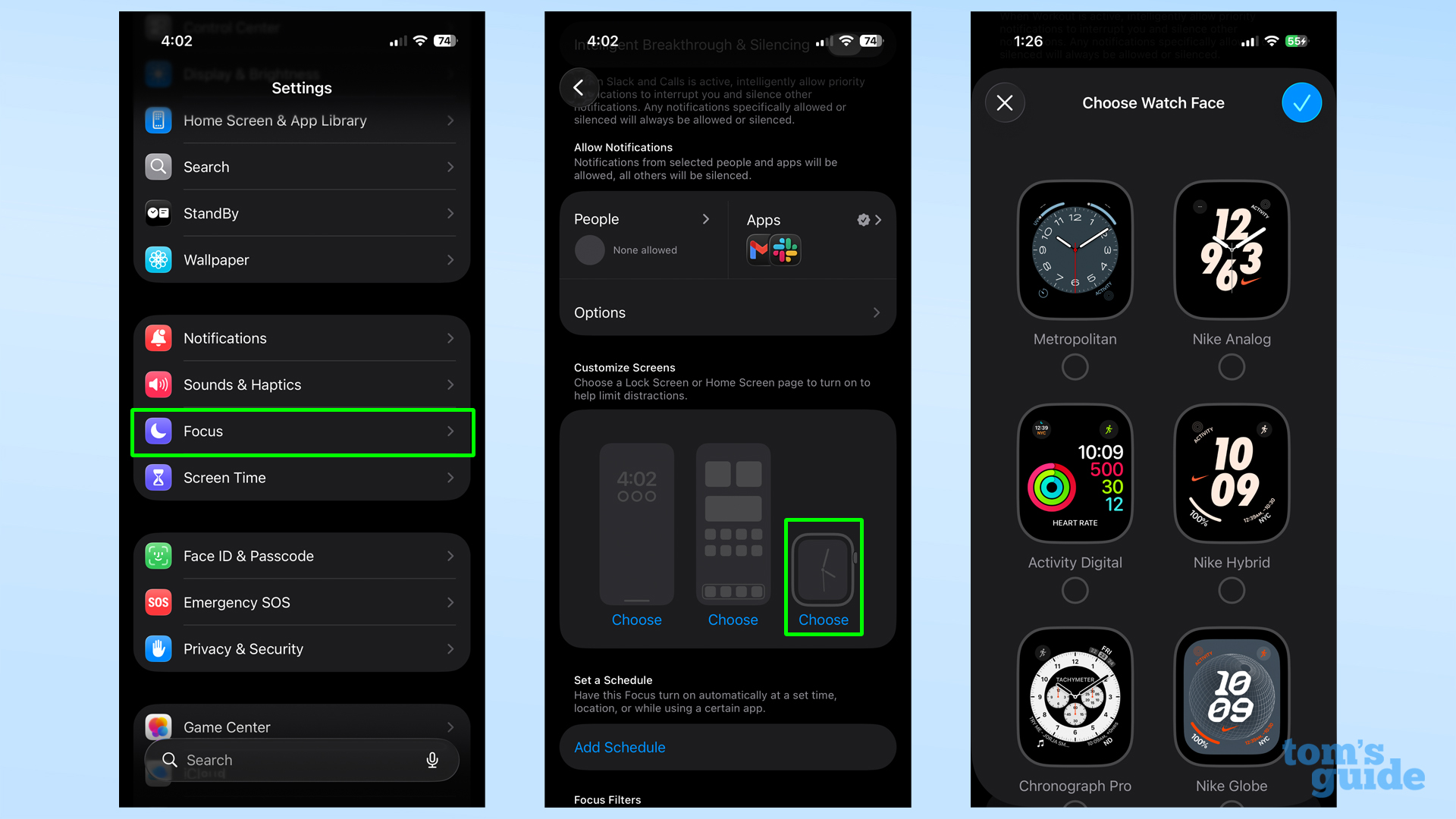 Apple Watch settings assign watch faces to focus modes