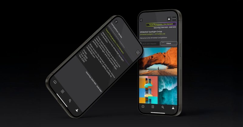 Two smartphones displaying an app with a dark theme; one shows a web search result, and the other displays a group page with landscape and architectural photos against a black background.