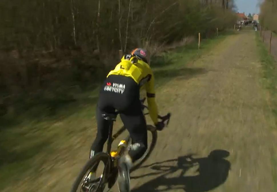 Wout van Aert almost crashes in the Forest of Arenberg during Paris-Roubaix recon ride, 2025 
