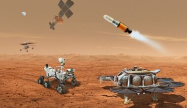 a circular machine on four legs launches a small rocket from the surface of a dusty reddish-orange planet