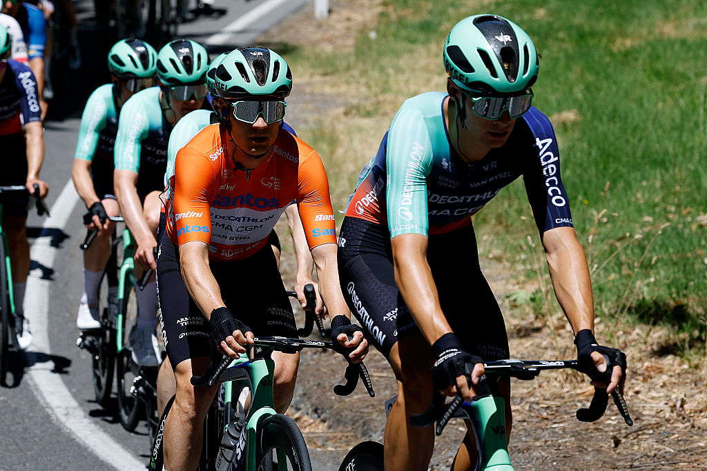 NORWOOD, AUSTRALIA - JANUARY 22: Tobias Lund Andresen of Denmark and Decathlon CMA CGM Team - Orange Santos Leader&amp;apos;s Jersey (L) competes during the 26th Santos Tour Down Under 2026, Stage 2 a 148.1km stage from Norwood to Uraidla 495m / #UCIWT / on January 22, 2026 in Norwood, Australia. (Photo by Con Chronis/Getty Images)
