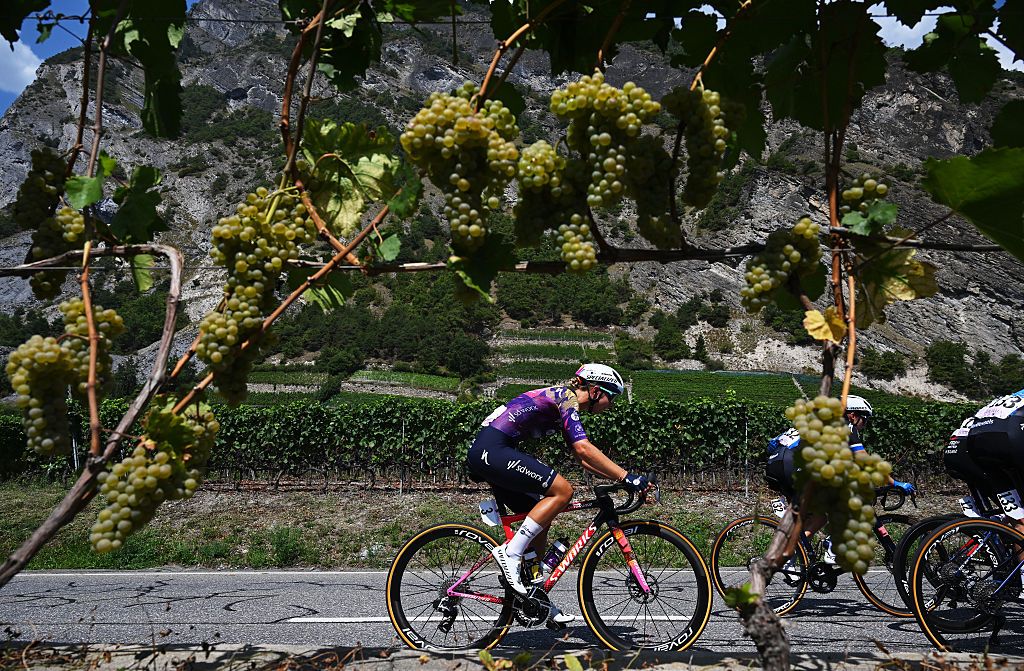 LA TZOUMAZ, SWITZERLAND - AUGUST 16: (L-R) Femke Gerritse of Netherlands and Team SD Worx - Protime and Valerie Demey of Belgium and Team VolkerWessels Cycling compete passing through a vineyards landscape during the 4th Tour de Romandie Feminin 2025, Stage 2 a 123.2km stage from Conthey to La Tzoumaz 1522m / #UCIWWT / on August 16, 2025 in La Tzoumaz, Switzerland. (Photo by Dario Belingheri/Getty Images)