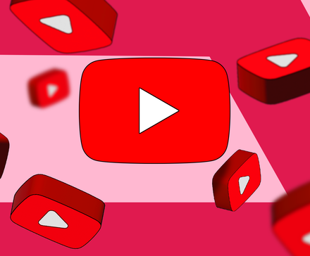 Multiple 3D YouTube logos floating over a pink and red background