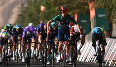 ALMANSHIYAH, SAUDI ARABIA - JANUARY 28: Jonathan Milan of Italy and Team Lidl - Trek - Green Leader Jersey celebrates at finish line as stage winner ahead of Daniel Skerl of Italy and Team Bahrain Victorious and Pascal Ackermann of Germany and Team Jayco AlUla during the 6th AlUla Tour 2026, Stage 2 a 152km stage from AlManshiyah Train Station to AlManshiyah Train Station on January 28, 2026 in AlManshiyah, Saudi Arabia. (Photo by Dario Belingheri/Getty Images)