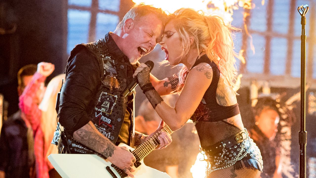 James Hetfield and Lady Gaga screaming into the mic