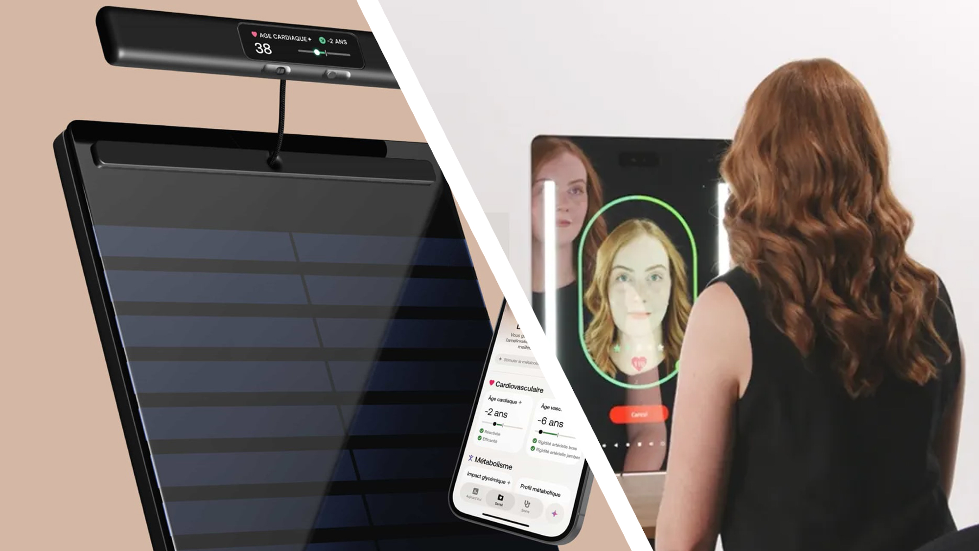 The Withings Body Scan 2 scales next to a woman looking into the Nuralogix longevity mirror